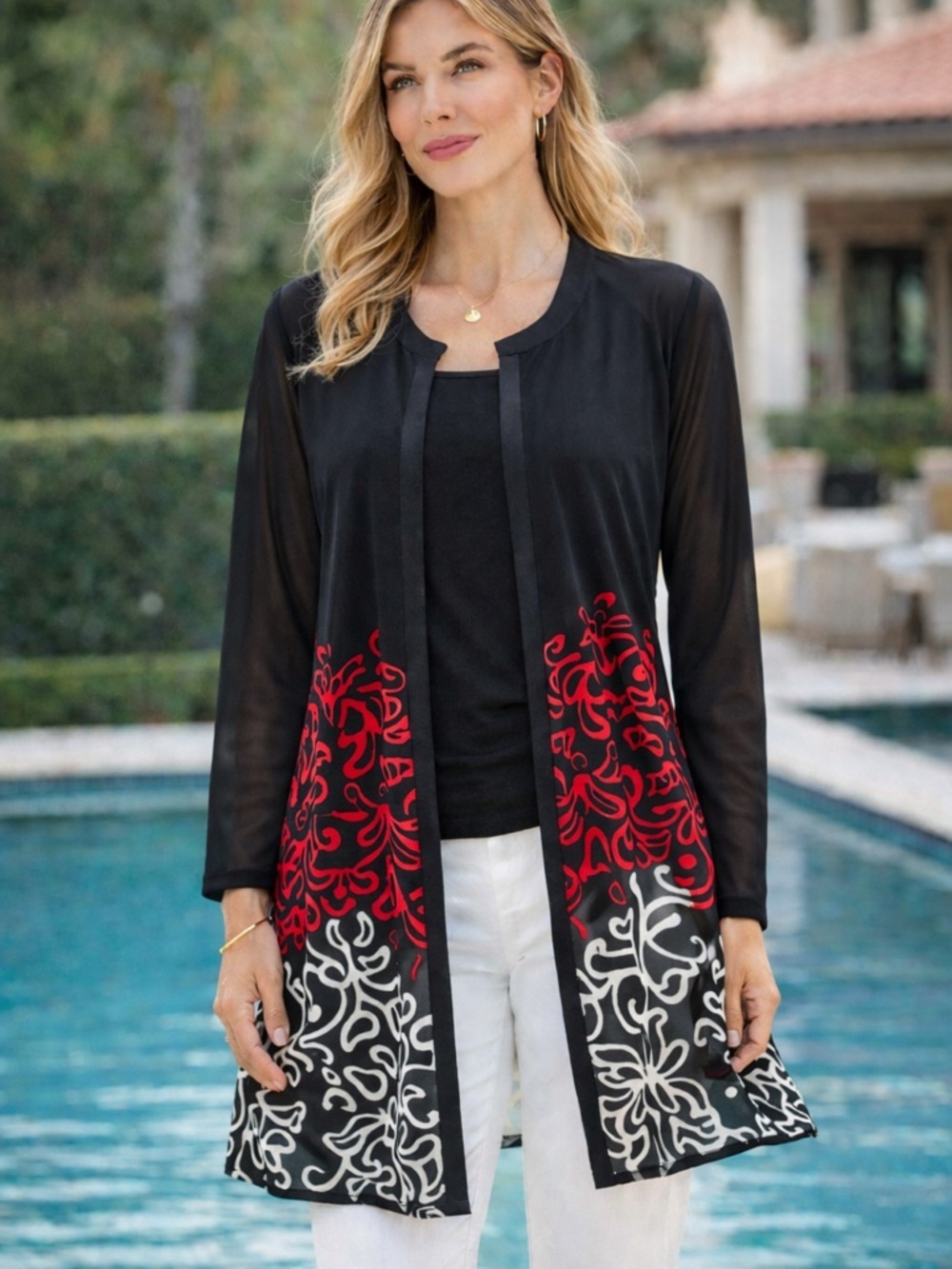 Chico's Travelers Sheer Topper Kimono Cardigan black, red, white geometric Sz 2